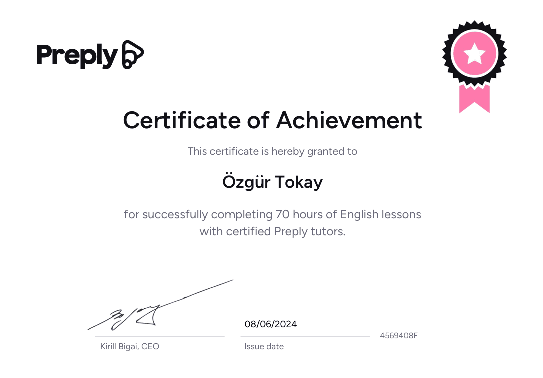 Preply tarafından verilen 70 Hours English Lessons  sertifikası