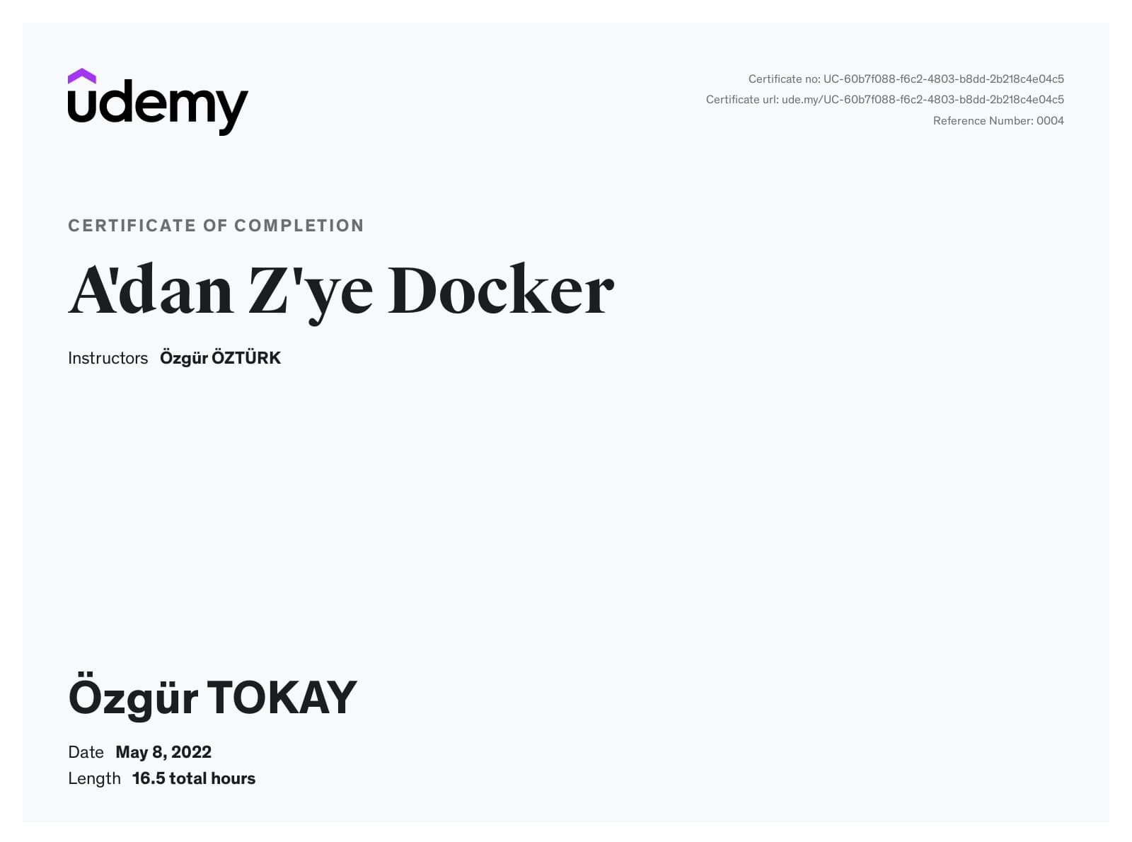 Udemy tarafından verilen A'dan Z'ye Docker sertifikası